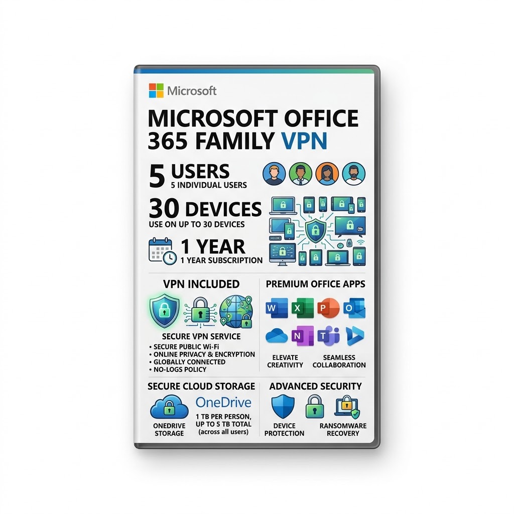 Microsoft Office 365 Family VPN 5 Users / 30 Devices, 1 Year digital licence artwork