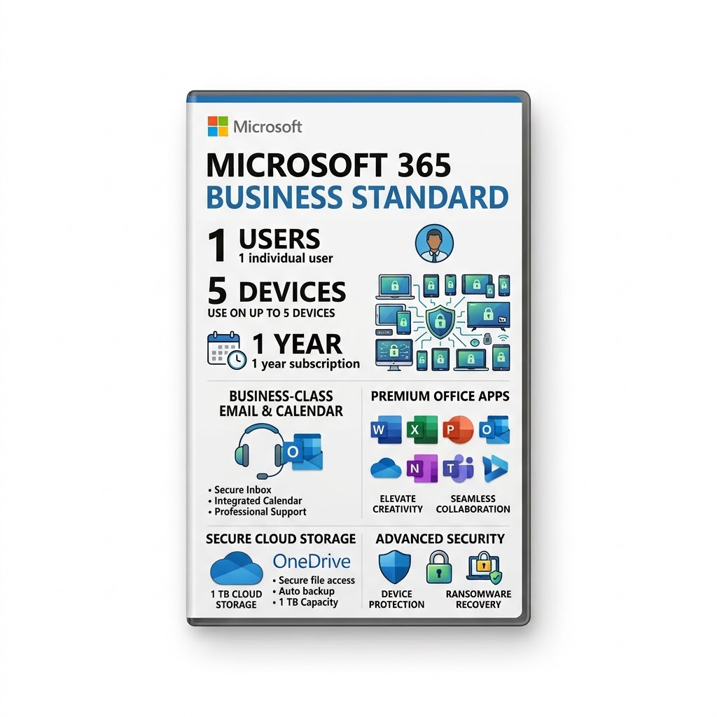 Microsoft 365 Business Standard 1 User, 5 Devices, 1 Year digital licence artwork