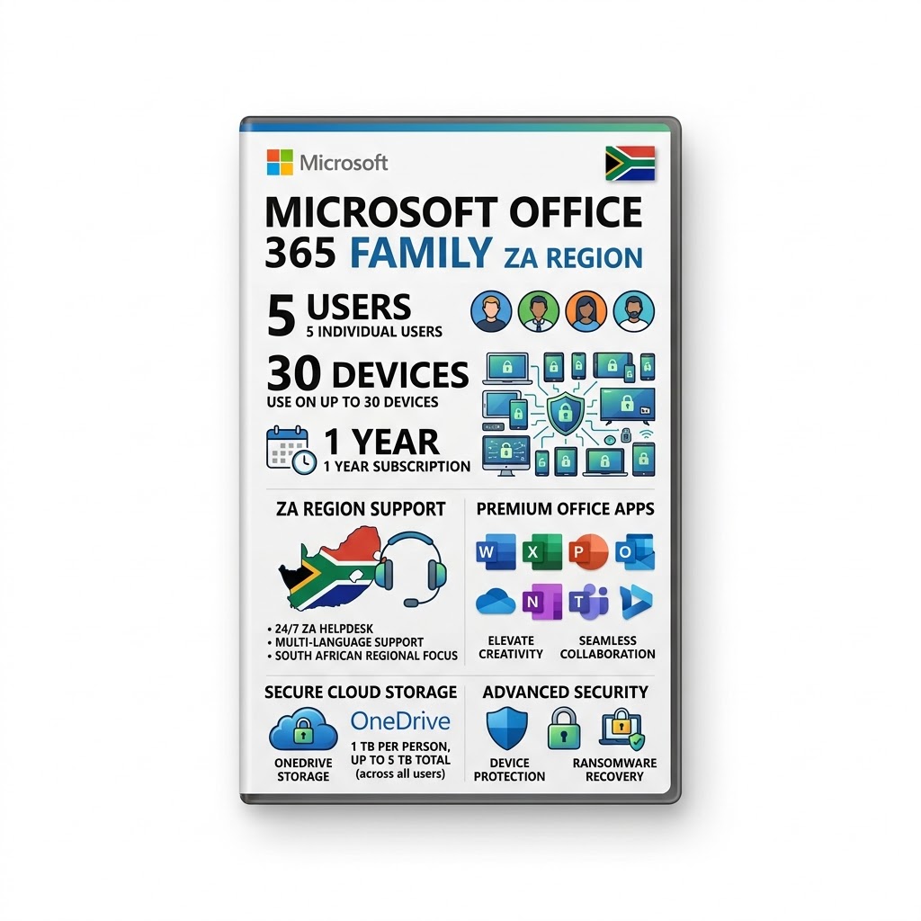 Microsoft Office 365 Family ZA Region 5 Users / 30 Devices, 1 Year digital licence artwork